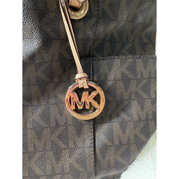 Michael Kors Jet Set Logo Tote Bag Womens Large Brown Top Zip Gold Tone - Picture 2 of 8